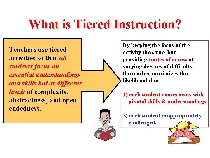 What is Tiered Instruction? Teachers use tiered activities so that all students focus on