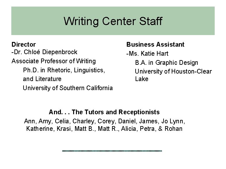 Writing Center Staff Director -Dr. Chloé Diepenbrock Associate Professor of Writing Ph. D. in