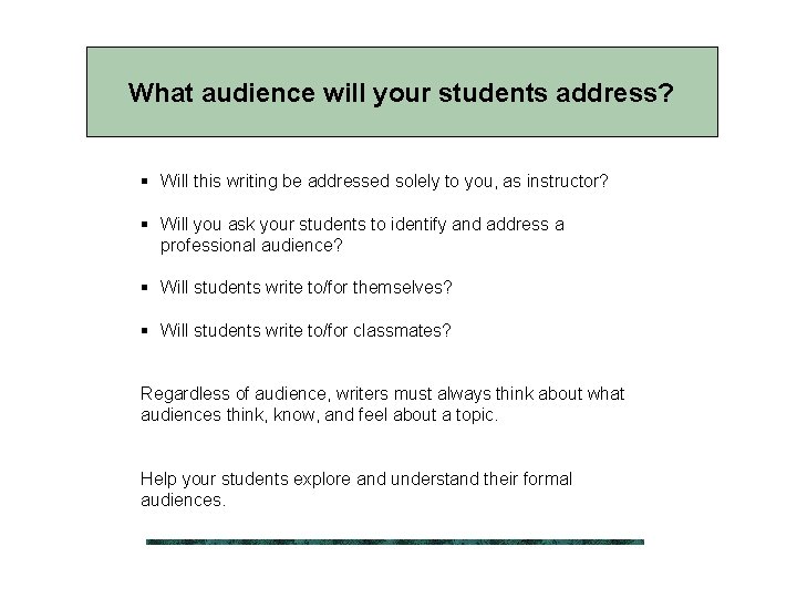 What audience will your students address? § Will this writing be addressed solely to