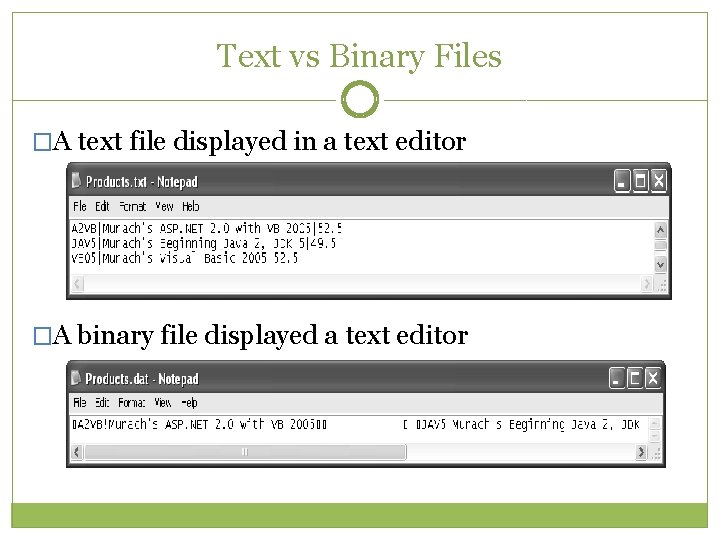 Text vs Binary Files �A text file displayed in a text editor �A binary Text vs Binary Files �A text file displayed in a text editor �A binary