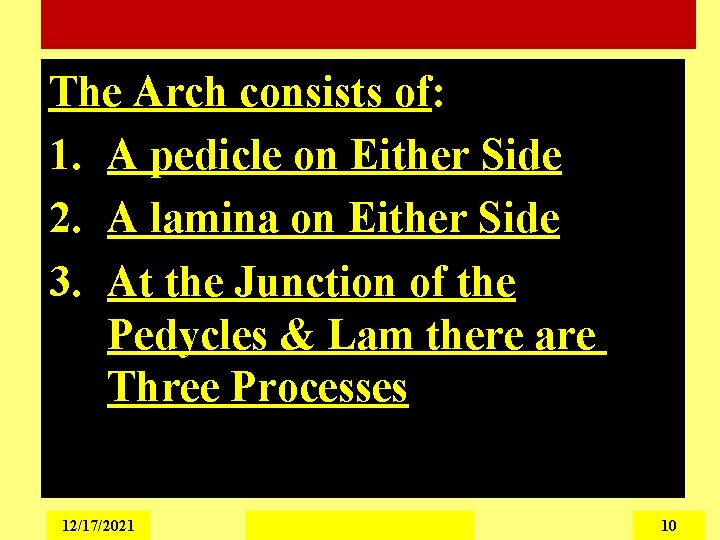 The Arch consists of: 1. A pedicle on Either Side 2. A lamina on