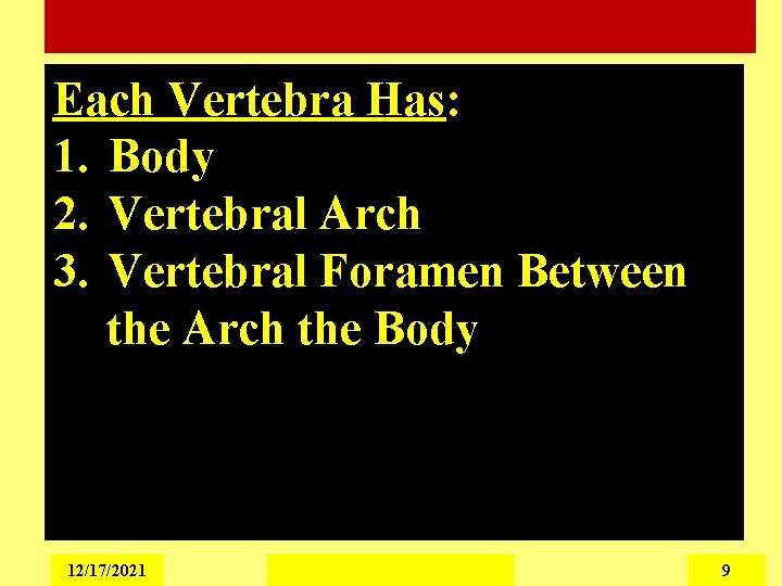 Each Vertebra Has: 1. Body 2. Vertebral Arch 3. Vertebral Foramen Between the Arch