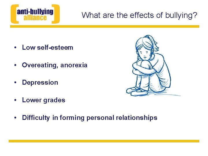 What are the effects of bullying? • Low self-esteem • Overeating, anorexia • Depression