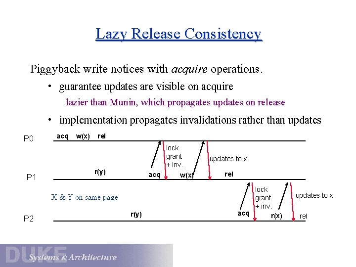 Lazy Release Consistency Piggyback write notices with acquire operations. • guarantee updates are visible