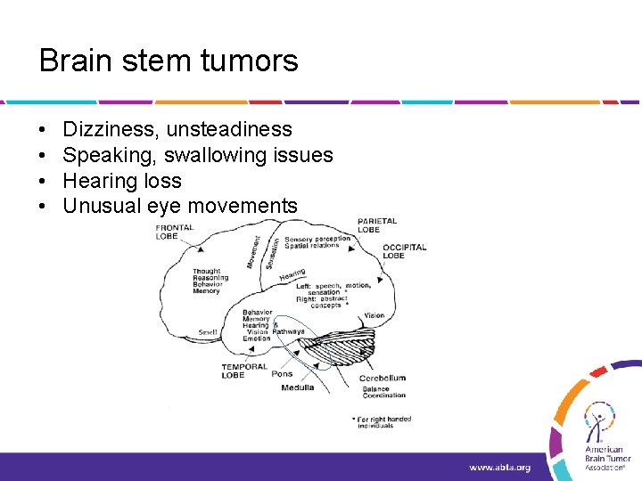 Brain stem tumors • • Dizziness, unsteadiness Speaking, swallowing issues Hearing loss Unusual eye