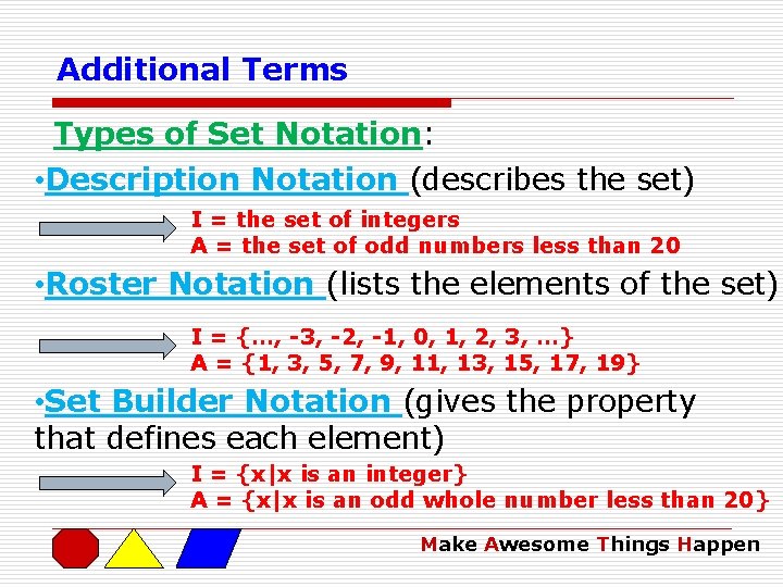 Additional Terms Types of Set Notation: • Description Notation (describes the set) I =