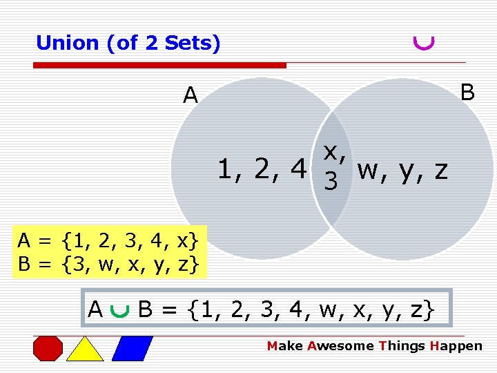 Union (of 2 Sets) B A x, 1, 2, 4 3 w, y, z
