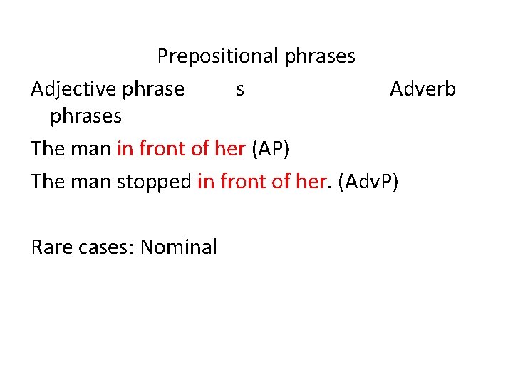 Prepositional phrases Adjective phrase s Adverb phrases The man in front of her (AP)
