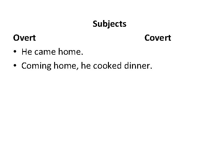 Subjects Overt Covert • He came home. • Coming home, he cooked dinner. 