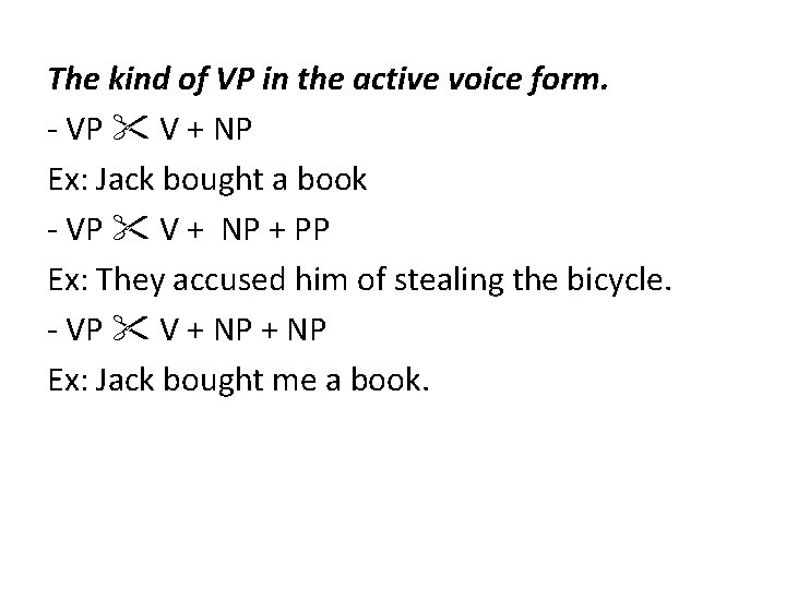 The kind of VP in the active voice form. - VP V + NP