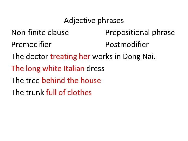 Adjective phrases Non-finite clause Prepositional phrase Premodifier Postmodifier The doctor treating her works in