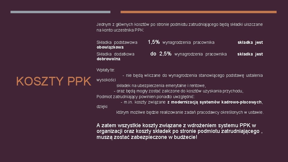 Jednym z głównych kosztów po stronie podmiotu zatrudniającego będą składki uiszczane na konto uczestnika