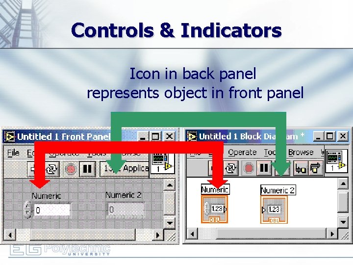 Controls & Indicators Icon in back panel represents object in front panel 