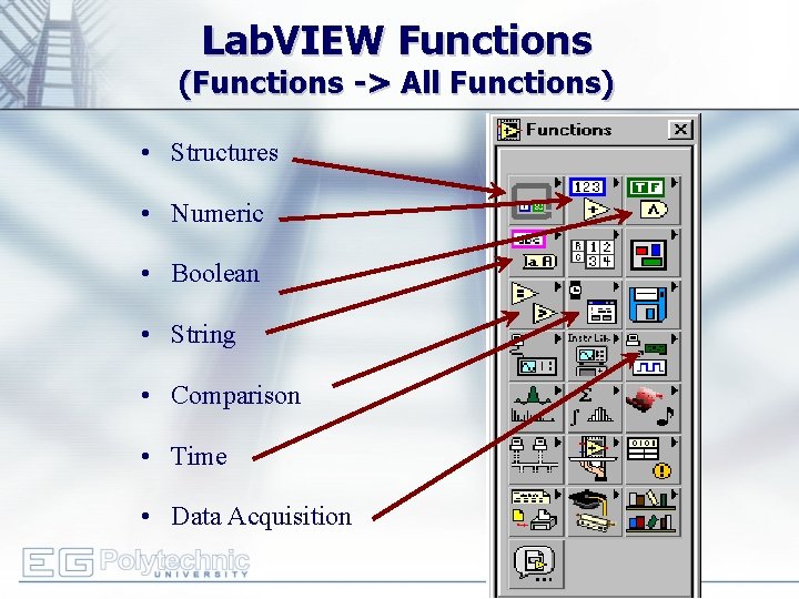 Lab. VIEW Functions (Functions -> All Functions) • Structures • Numeric • Boolean •