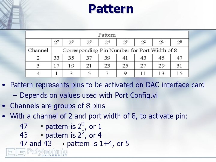 Pattern • Pattern represents pins to be activated on DAC interface card – Depends