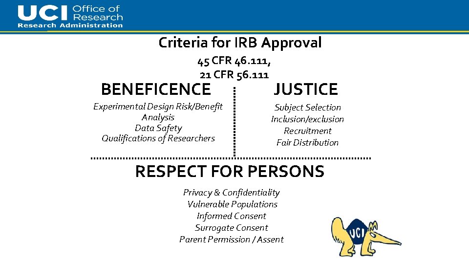 Criteria for IRB Approval 45 CFR 46. 111, 21 CFR 56. 111 BENEFICENCE JUSTICE