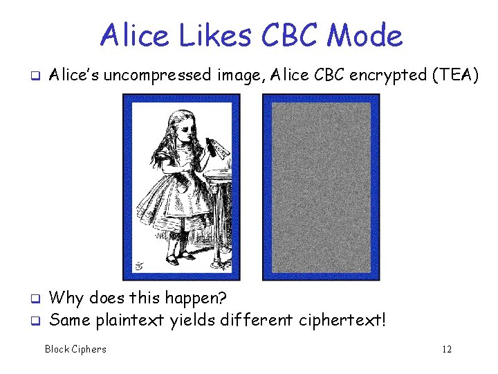 Alice Likes CBC Mode q q q Alice’s uncompressed image, Alice CBC encrypted (TEA)