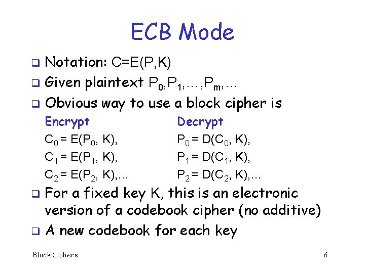 ECB Mode Notation: C=E(P, K) q Given plaintext P 0, P 1, …, Pm,
