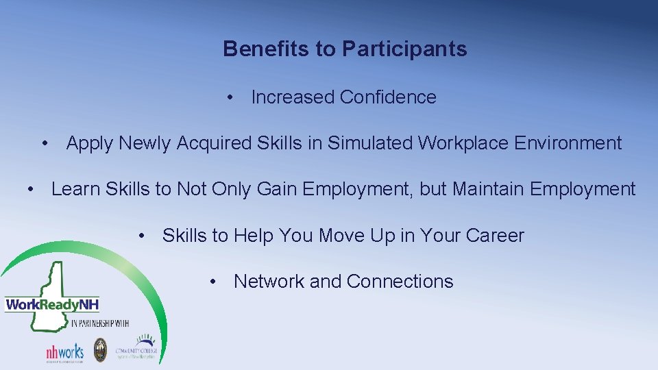 Benefits to Participants • Increased Confidence • Apply Newly Acquired Skills in Simulated Workplace Benefits to Participants • Increased Confidence • Apply Newly Acquired Skills in Simulated Workplace