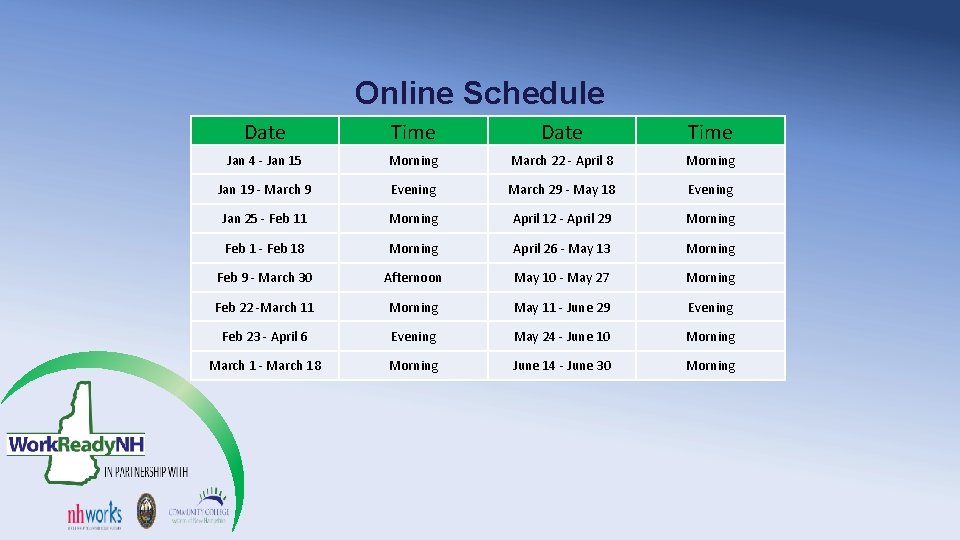 Online Schedule Date Time Jan 4 - Jan 15 Morning March 22 - April Online Schedule Date Time Jan 4 - Jan 15 Morning March 22 - April