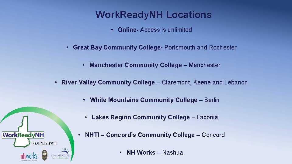Work. Ready. NH Locations • Online- Access is unlimited • Great Bay Community College- Work. Ready. NH Locations • Online- Access is unlimited • Great Bay Community College-