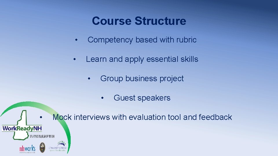 Course Structure • Competency based with rubric • Learn and apply essential skills • Course Structure • Competency based with rubric • Learn and apply essential skills •