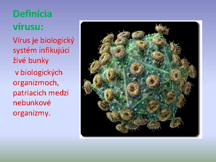Definícia vírusu: Vírus je biologický systém infikujúci živé bunky v biologických organizmoch, patriacich medzi