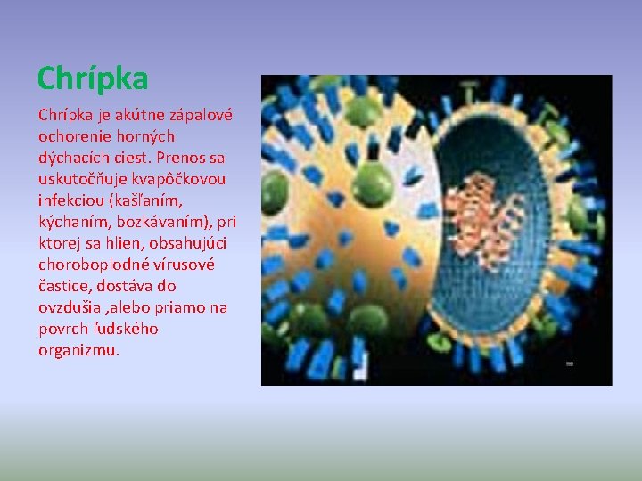 Chrípka je akútne zápalové ochorenie horných dýchacích ciest. Prenos sa uskutočňuje kvapôčkovou infekciou (kašľaním,