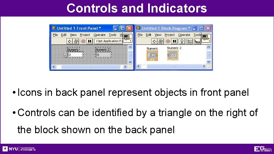 Controls and Indicators • Icons in back panel represent objects in front panel •