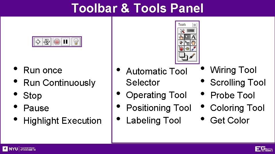 Toolbar & Tools Panel • • • Run once Run Continuously Stop Pause Highlight