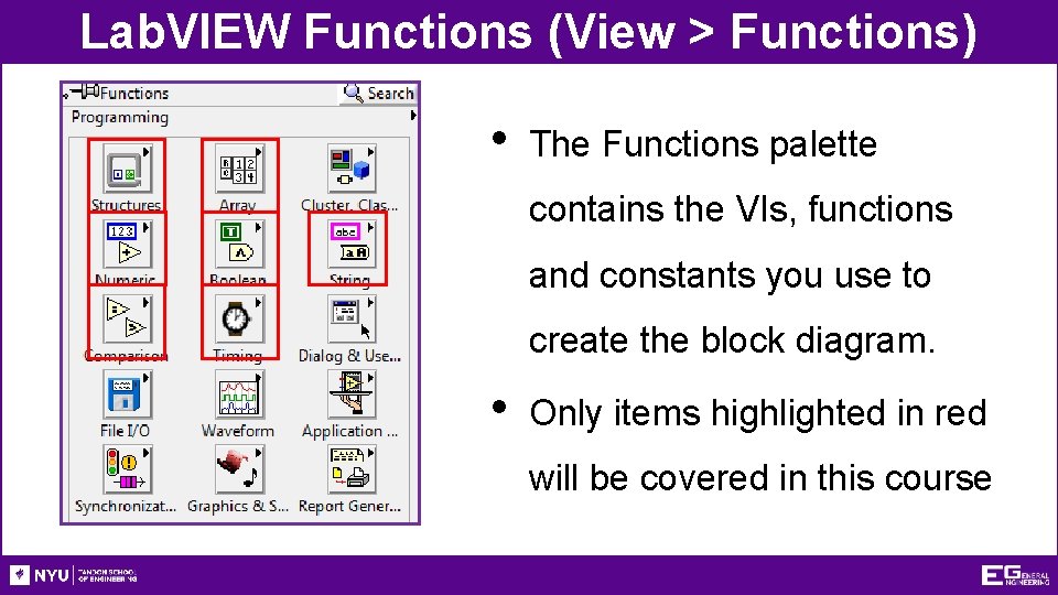 Lab. VIEW Functions (View > Functions) • The Functions palette contains the VIs, functions