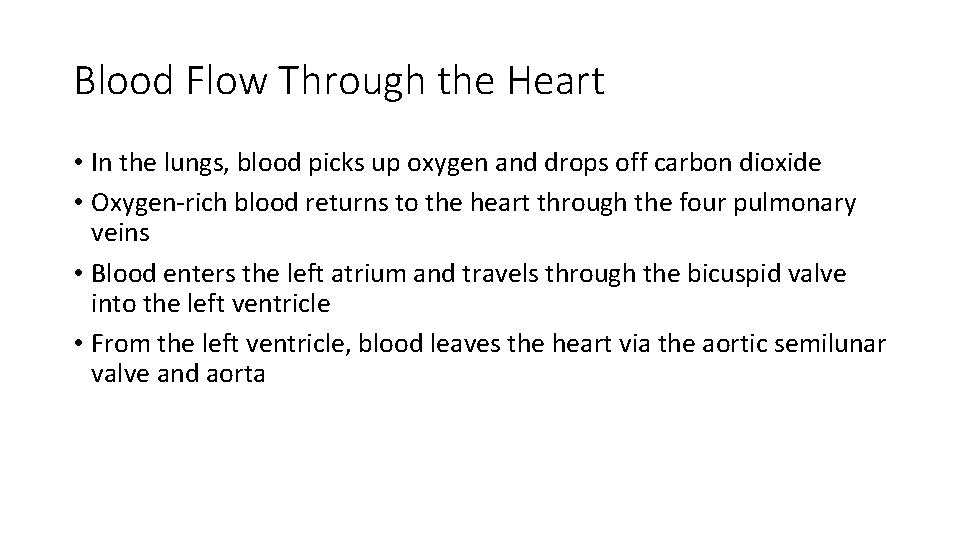 Blood Flow Through the Heart • In the lungs, blood picks up oxygen and