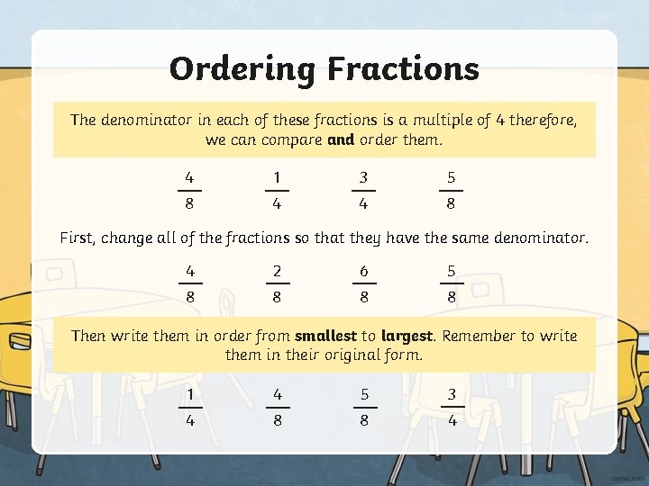 Ordering Fractions The denominator in each of these fractions is a multiple of 4
