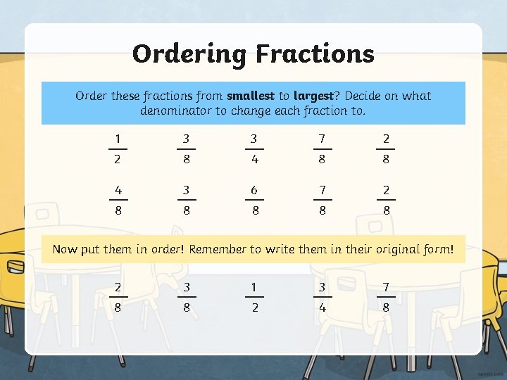 Ordering Fractions Order these fractions from smallest to largest? Decide on what denominator to