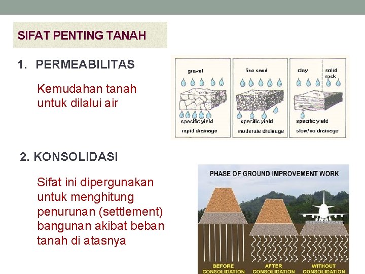 SIFAT PENTING TANAH 1. PERMEABILITAS Kemudahan tanah untuk dilalui air 2. KONSOLIDASI Sifat ini SIFAT PENTING TANAH 1. PERMEABILITAS Kemudahan tanah untuk dilalui air 2. KONSOLIDASI Sifat ini