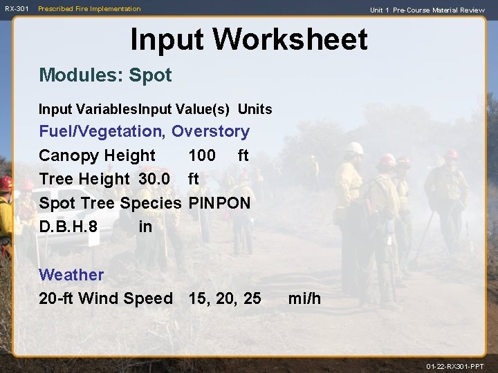 RX-301 Prescribed Fire Implementation Unit 1 Pre-Course Material Review Input Worksheet Modules: Spot Input