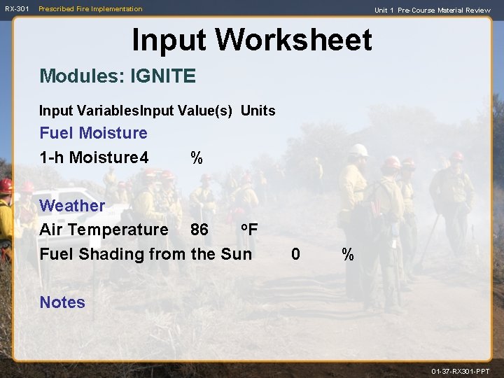 RX-301 Prescribed Fire Implementation Unit 1 Pre-Course Material Review Input Worksheet Modules: IGNITE Input