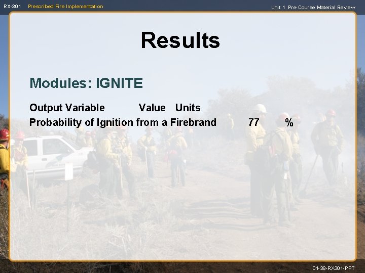 RX-301 Prescribed Fire Implementation Unit 1 Pre-Course Material Review Results Modules: IGNITE Output Variable