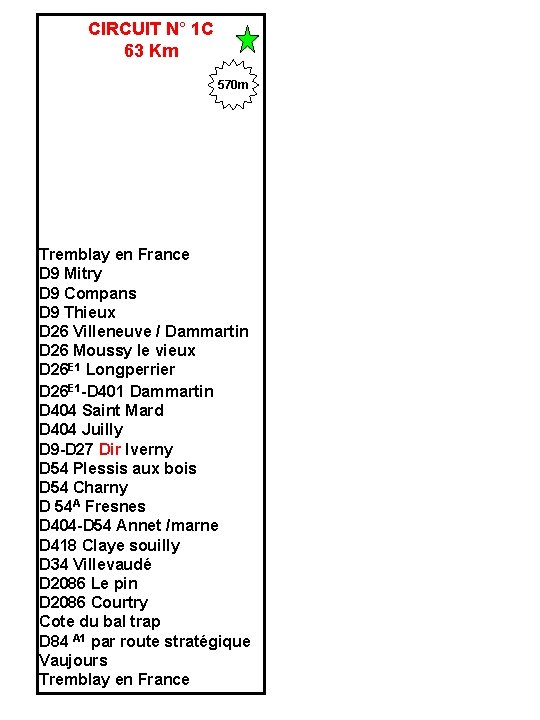 CIRCUIT N° 1 C 63 Km 570 m Tremblay en France D 9 Mitry