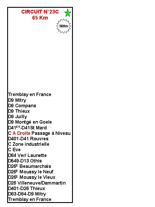 CIRCUIT N° 23 C 65 Km 500 m Tremblay en France D 9 Mitry