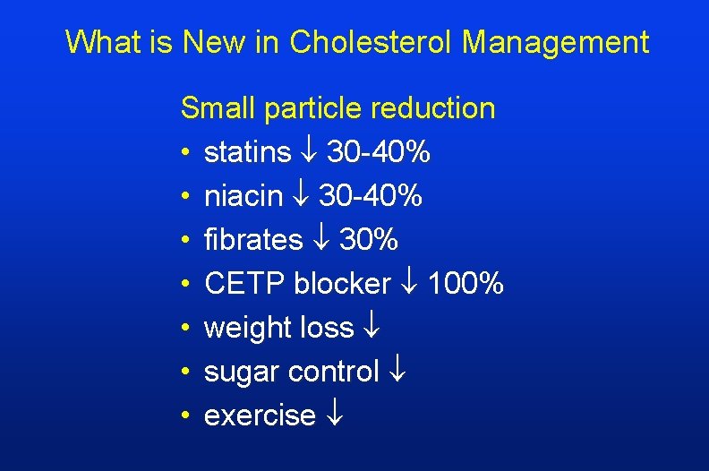 What is New in Cholesterol Management Small particle reduction • statins 30 -40% •