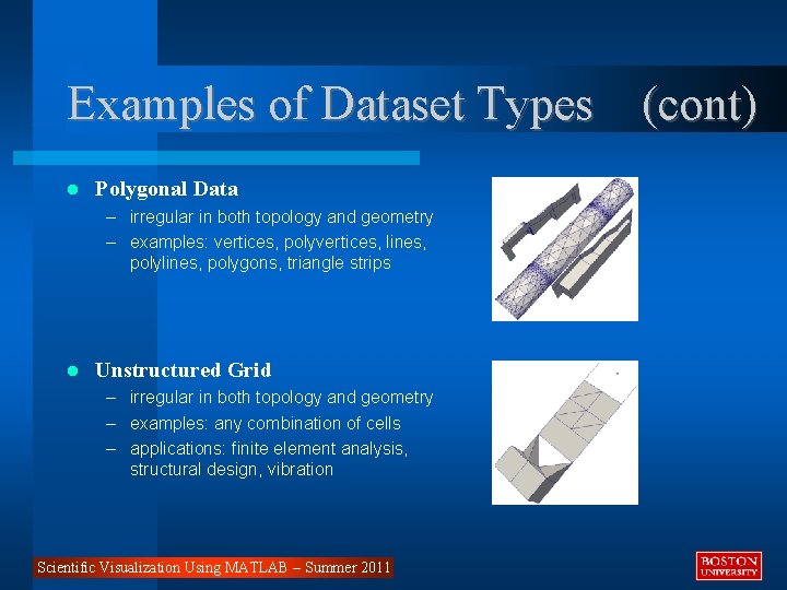 Examples of Dataset Types (cont) Polygonal Data – irregular in both topology and geometry