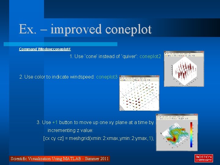 Ex. – improved coneplot Command Window: coneplot# 1. Use ‘cone’ instead of ‘quiver’: coneplot