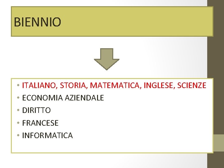 BIENNIO • ITALIANO, STORIA, MATEMATICA, INGLESE, SCIENZE • ECONOMIA AZIENDALE • DIRITTO • FRANCESE