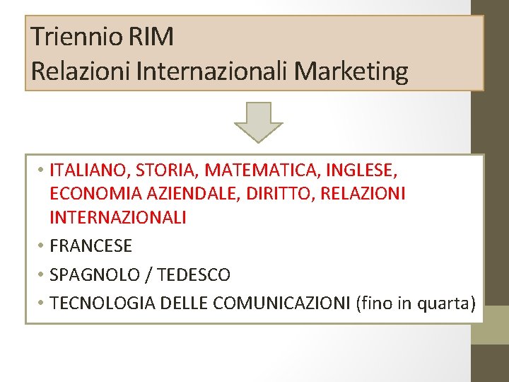 Triennio RIM Relazioni Internazionali Marketing • ITALIANO, STORIA, MATEMATICA, INGLESE, ECONOMIA AZIENDALE, DIRITTO, RELAZIONI