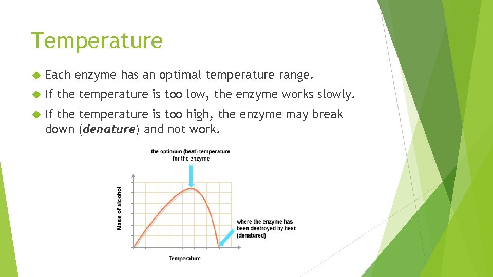 Temperature Each enzyme has an optimal temperature range. If the temperature is too low,