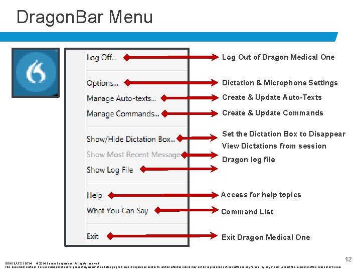 Dragon. Bar Menu Log Out of Dragon Medical One Dictation & Microphone Settings Create