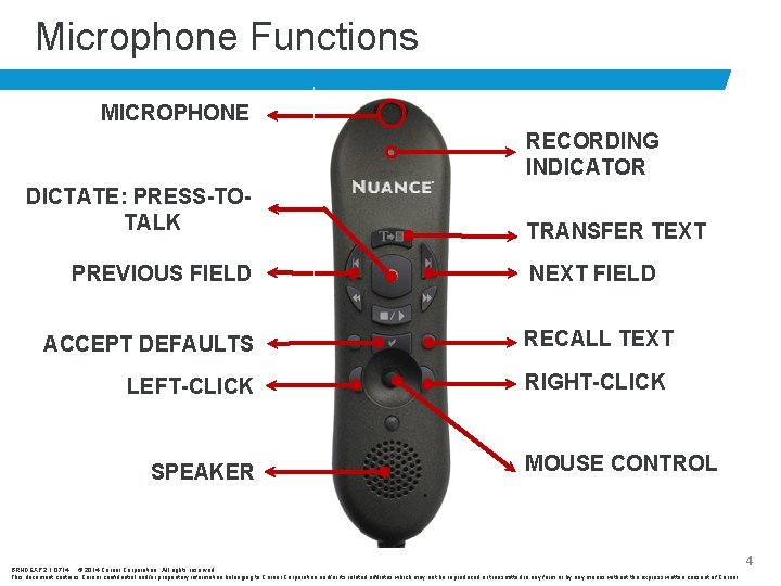 Microphone Functions MICROPHONE RECORDING INDICATOR DICTATE: PRESS-TOTALK PREVIOUS FIELD ACCEPT DEFAULTS LEFT-CLICK SPEAKER TRANSFER