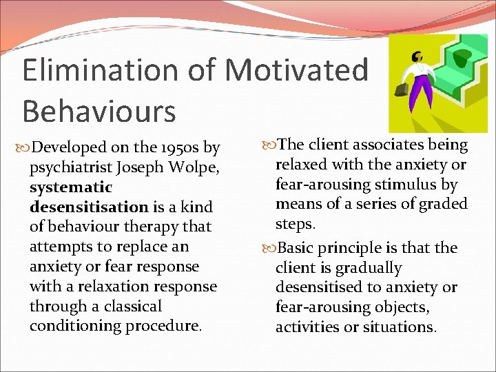 Elimination of Motivated Behaviours Developed on the 1950 s by psychiatrist Joseph Wolpe, systematic