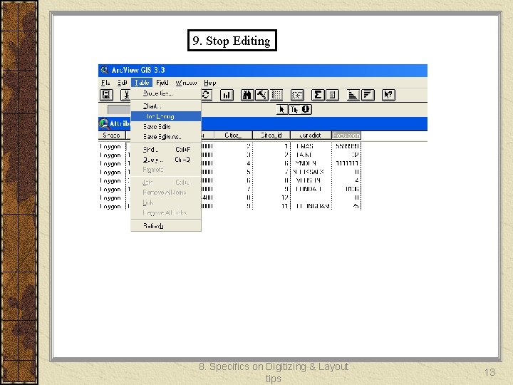 9. Stop Editing 8. Specifics on Digitizing & Layout tips 13 